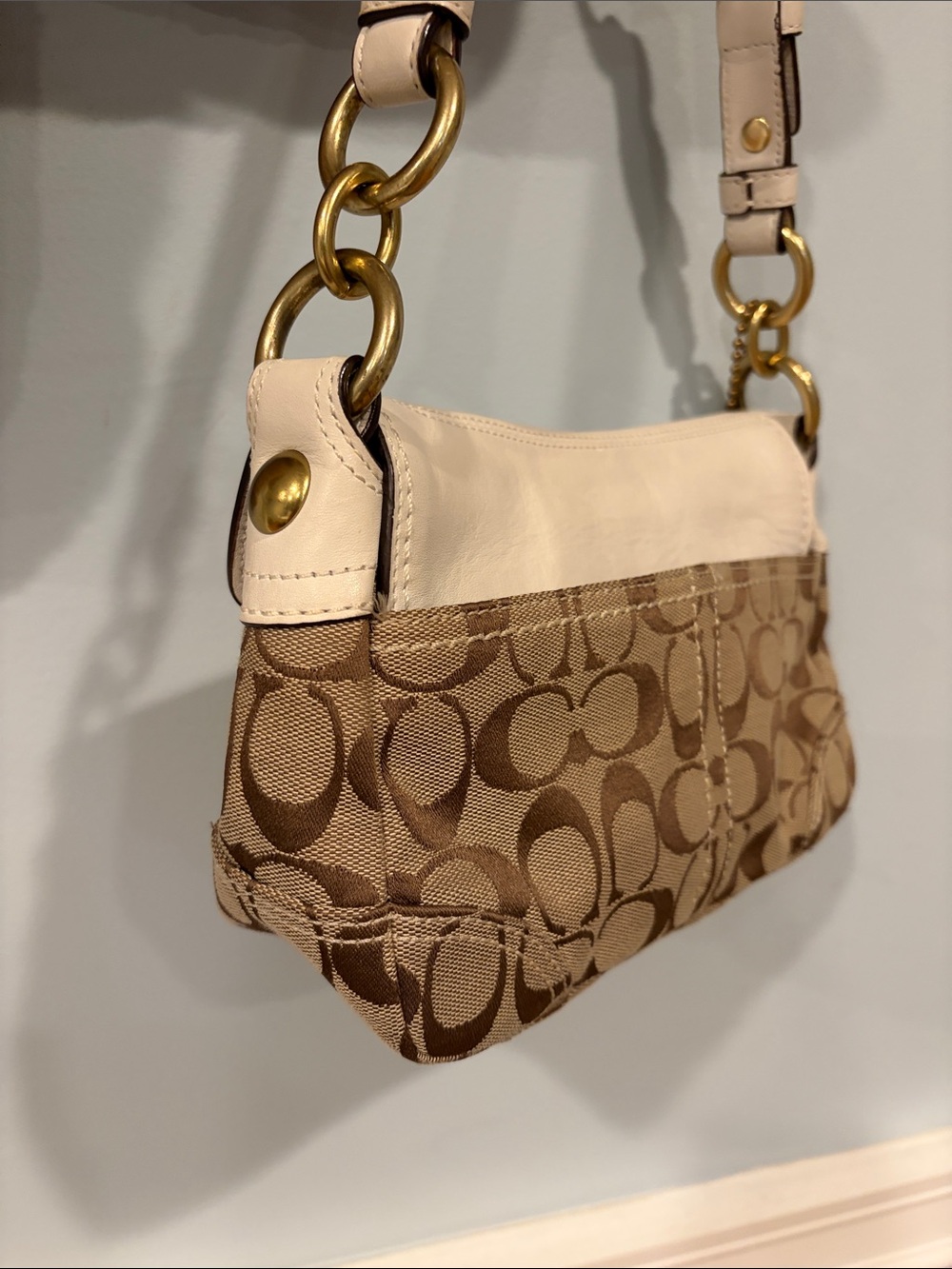 Coach Bleecker Signature Small Shoulder Bag in Khaki/Chalk - Picture 6 of 12